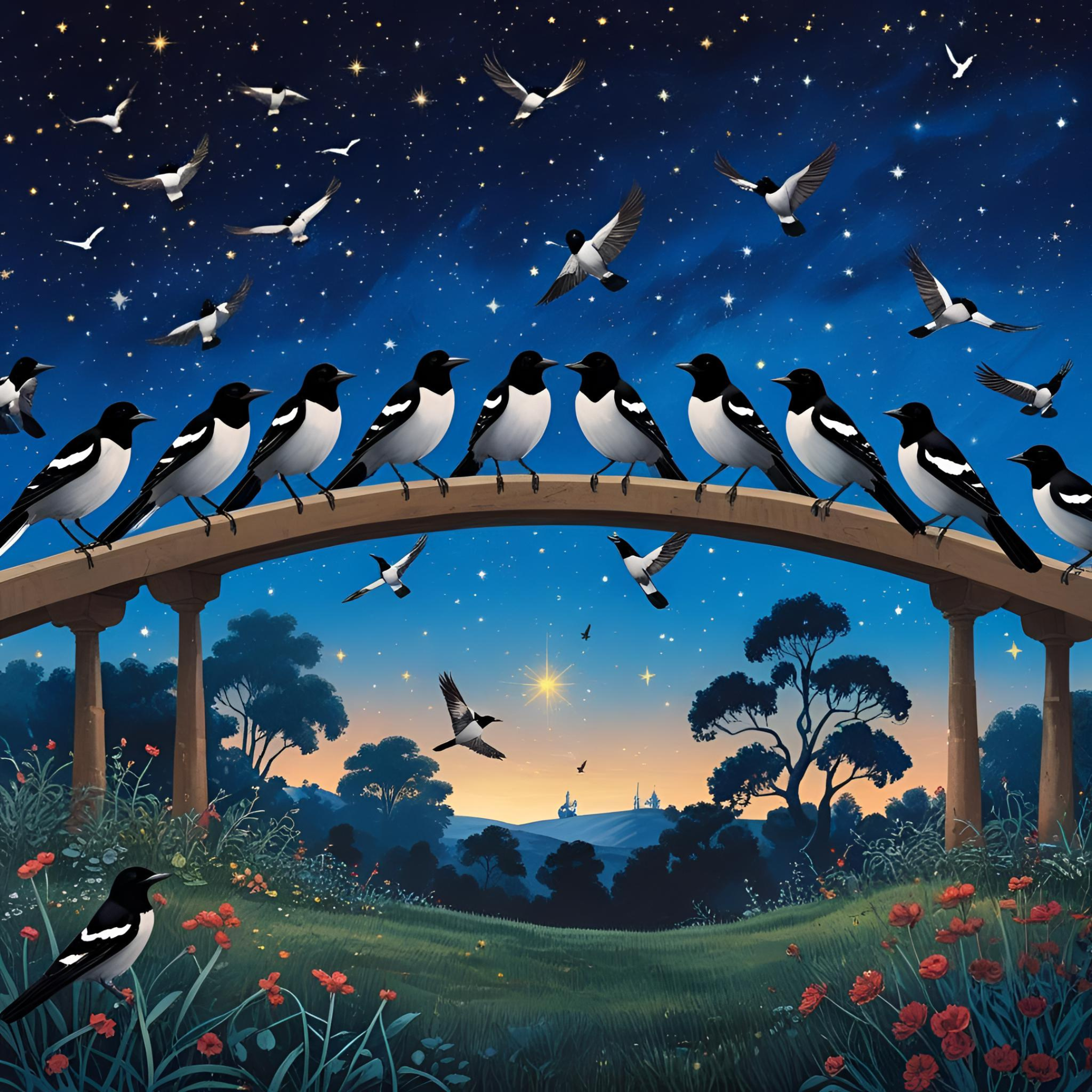 magpies bridge with flowers