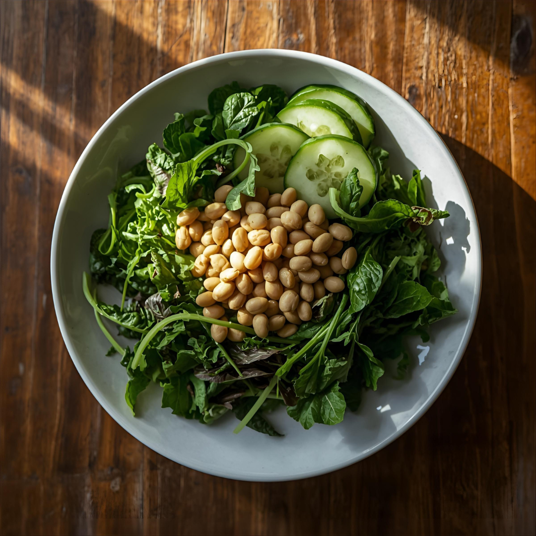 bitter greens, cucumber, mung beans