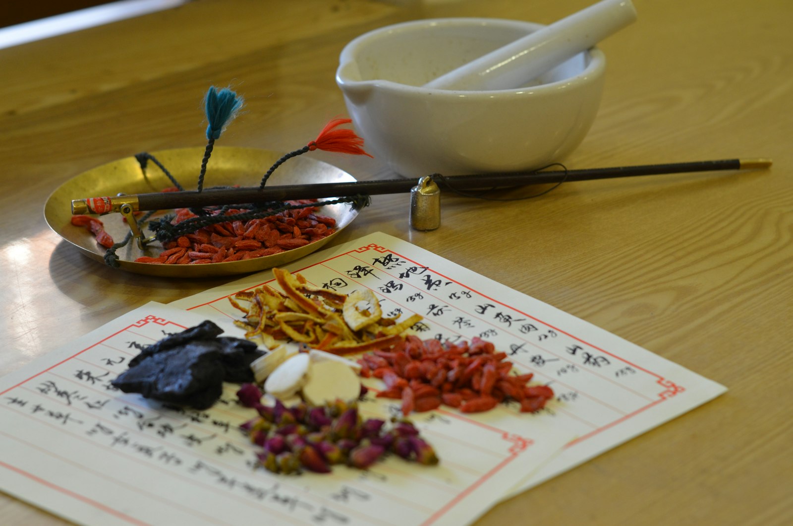 Dried traditional Chinese medicinal herbs arranged for a classical herbal formula